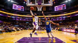 NBA常规赛湖人对阵勇士的比赛回放画面，球员正在跳投